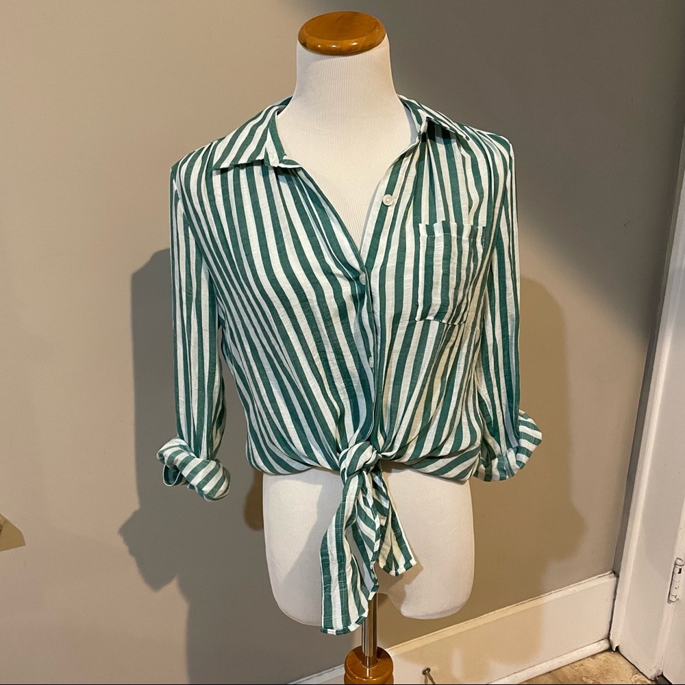 Green and white striped casual blouse